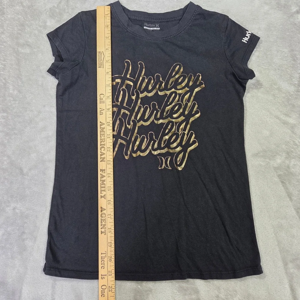 Hurley Black Graphic Tee Gold Foil Logo Short Sleeve Shirt Girls L 12/14
